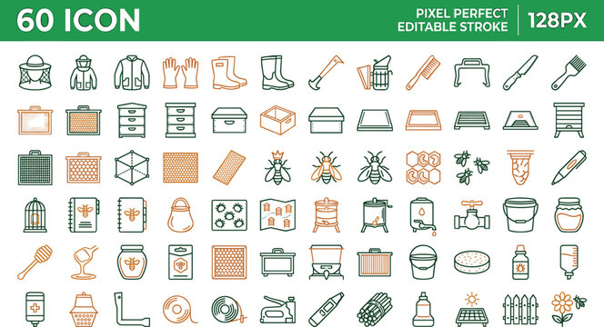 Beekeeping apiary equipment and organic honey production pixel perfect linear icons set for apiculture farmer suit beehive cells queen bee extractor and natural sweets cultivation,