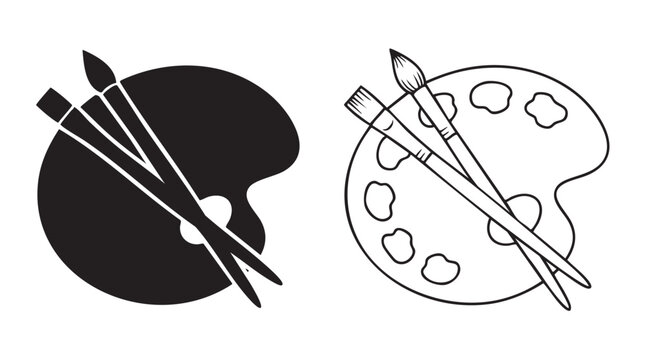 paint palette with brushes black vector bundle icon