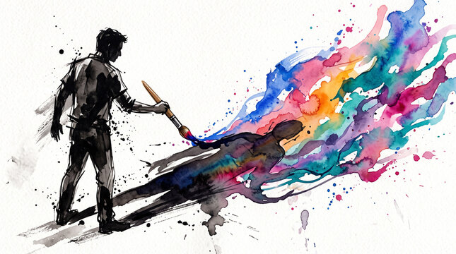 Colorful watercolor ink figure painting own shadow in color, representing mental health rewriting self-narrative, defining your own story, self-empowerment and identity concept