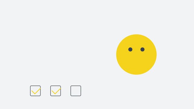 Minimalist checklist animation with yellow smiley face and checkmark motion 4k task completion success
