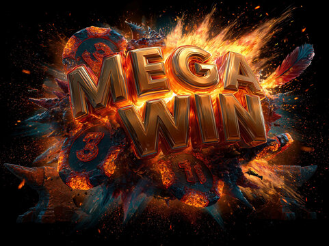 Vibrant MEGA WIN logo in 3D, golden and neon, surrounded by casino chips, volcanic details, fiery burst, intense flames orange, red, energetic atmosphere, fantasy style, detailed, 8K - AI-Generated