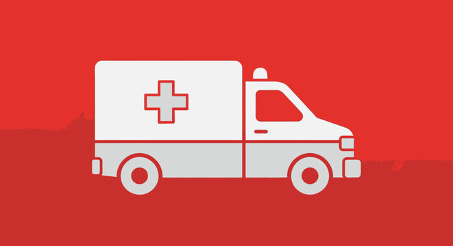 Minimalist white ambulance icon on a bright red background