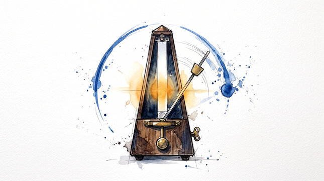 Blue amber watercolor ink swinging metronome, representing business rhythm, operational pacing, finding balance, consistent performance and cadence in management concept