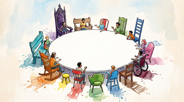 Colorful watercolor ink different chairs at one table, representing diversity inclusion every voice having a seat, belonging, equal access and welcoming all to the table concept