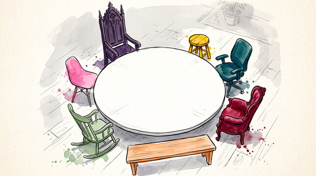 Diversity Inclusion Every Voice Seat Different Chairs Table Watercolor Ink Sketch Belonging Concept Cinematic Colorful Illustration