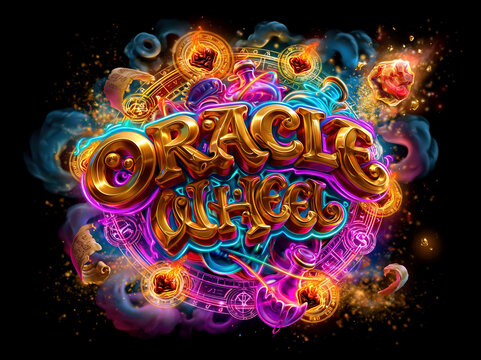 Bright, saturated Oracle Wheel logo with golden 3D letters and neon glow, surrounded by alchemical symbols and details of a secret laboratory, floating scrolls, transmutation circles, s - AI-Generated