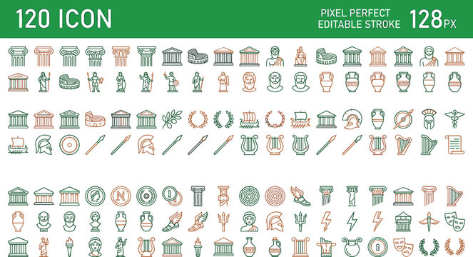 Ancient Greek and Roman history linear vector icons set featuring pillars temples gladiators amphora spears pottery and mythology line graphics.