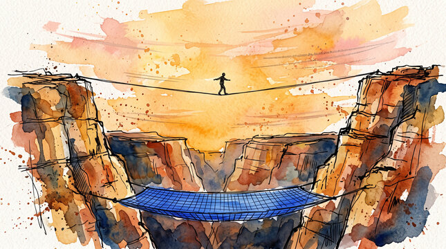 Blue amber watercolor ink tightrope over canyon with safety net, representing HR enabling ambitious goals safely, organizational support, calculated risk and safety culture concept