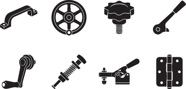 Industrial machine handles and mechanical door hinge glyph icon set. Vector illustration of control knob screw, handwheel, toggle clamp, and latch symbols.