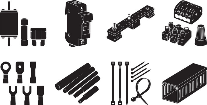 Industrial electrical fuse and circuit protection components glyph icon set. Vector illustration of wire connector lugs, terminal blocks, heat shrink sleeves, and cable ties.