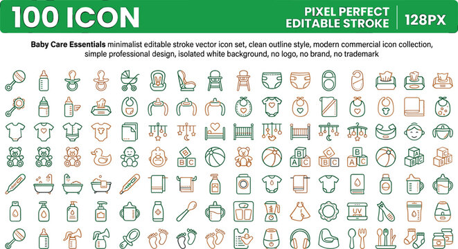 Baby care essentials newborn products childcare nursery accessories and parenting items outline icons set vector