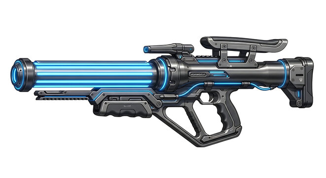 A futuristic black and blue energy blaster rests on a white surface.