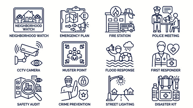 Set of community safety and emergency preparedness thin line icons.