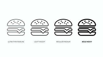 Fototapeta premium Set of burger line icons with varying stroke weights.