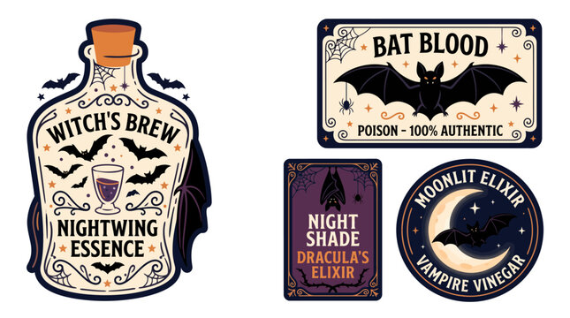 Set of decorative Halloween witch potion bottle labels and stickers.