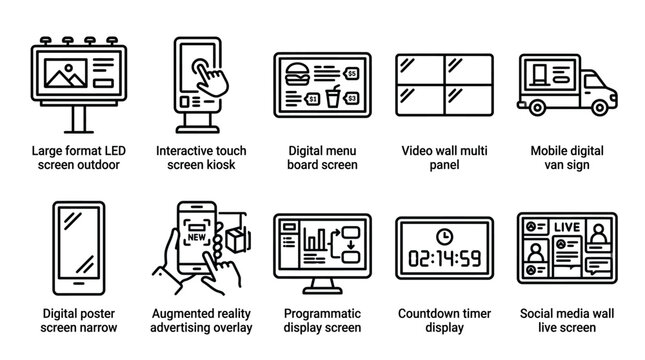 Set of digital signage and advertising display icons.