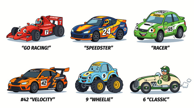 Set of cartoon racing cars with funny expressions and names.