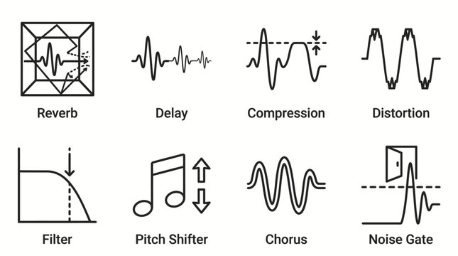Set of audio effect icons illustrating sound processing techniques.