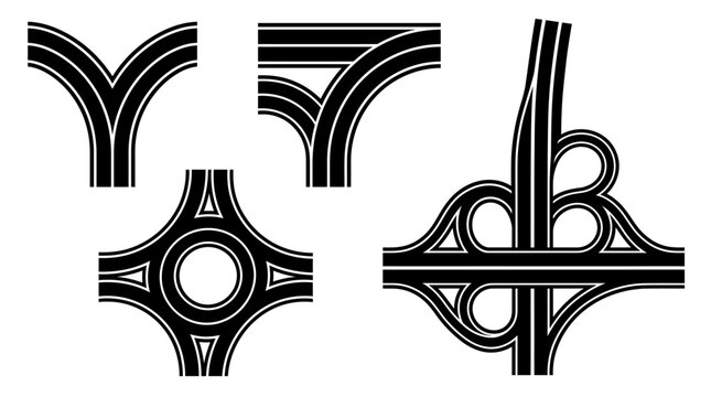 Set of black and white road junction icons.