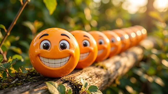 Row of orange emoji spheres with smiling faces on a mossy branch
