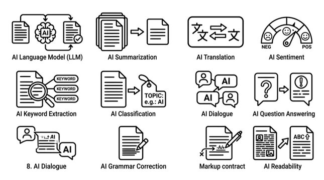 Set of Artificial Intelligence and Natural Language Processing Icons.