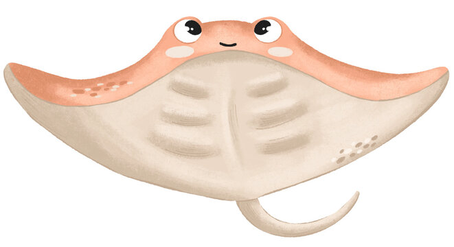 Hand drawn smiling stingray fish nursery clipart with grainy texture