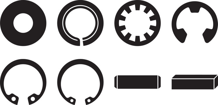 Industrial retaining rings and mechanical fastener washer glyph icon set. Vector illustration of external circlip, snap ring, star washer, and metal dowel pin symbols.