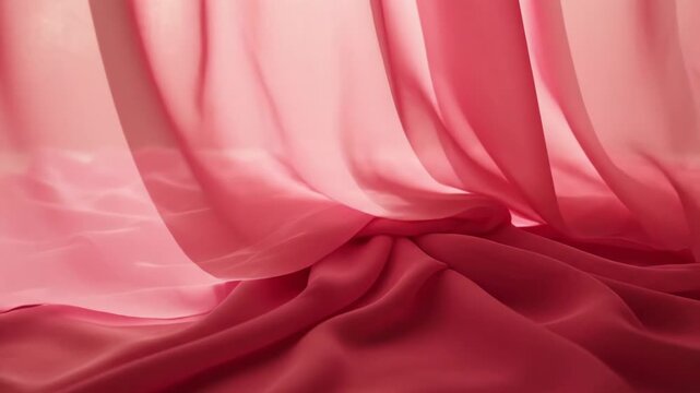 Soft pink chiffon fabric draped vertically and pooling in wavy folds on the floor with smooth translucent texture and gentle lighting for a minimalist aesthetic background.
