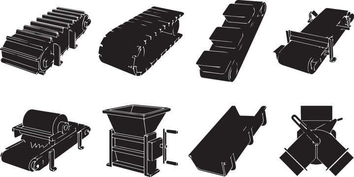 Industrial conveyor belt and material handling system glyph icon set. Vector illustration of factory assembly line, hopper feeder, and sorting machine symbols.