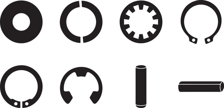 Industrial retaining rings and mechanical fastener washer glyph icon set. Vector illustration of external circlip, snap ring, star washer, and metal dowel pin symbols.