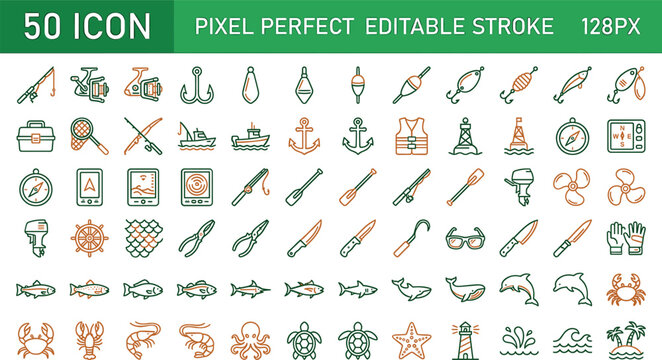 Fishing equipment marine recreation and sea life pixel perfect linear icons set for outdoor sports ocean angling boat navigation and aquatic animals,