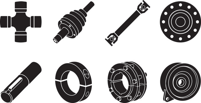 Mechanical drive shaft coupling and universal joint glyph icon set. Vector illustration of automotive CV joint, split collar, and pulley wheel spare parts.
