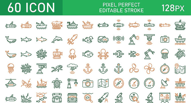 Deep sea exploration underwater robotics and marine research pixel perfect linear icons set for oceanography submarine technology vessel navigation offshore platform and aquatic wildlife,