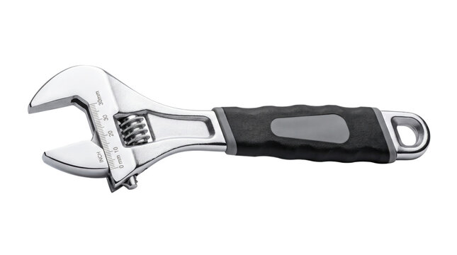 Adjustable wrench with ergonomic rubber handle, chrome steel spanner tool for plumbing and repair, professional hand tool isolated on white