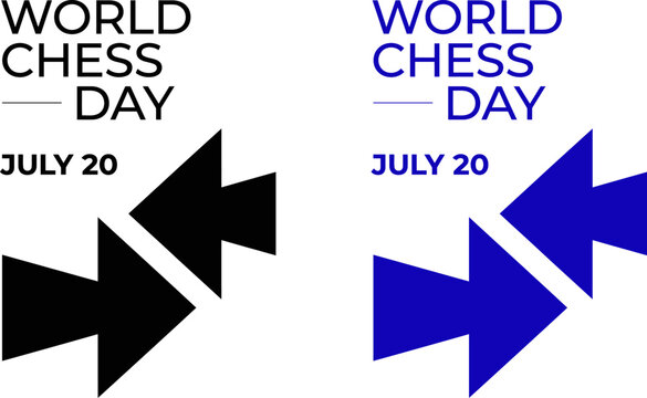 World chess day branding black and blue arrow graphic with text