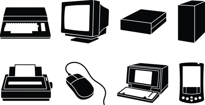 Silhouette Set of Vintage Computer Hardware and Classic Technology Devices