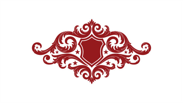 Ornate red decorative flourish with central shield crest &mdash; ornamental motif for branding, logos, and heraldry. Flat vector illustration EPS 10.