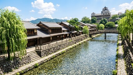 Fototapeta premium Horizontal View of a Traditional Bridge Over a River in a Historic Castle Town