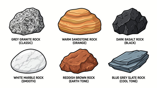 Set of six distinct geological rock samples including granite sandstone basalt marble and slate.