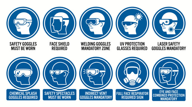 Set of mandatory safety eye and face protection signs.