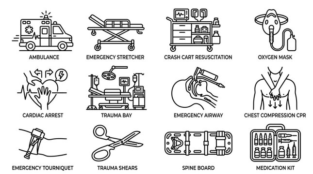 Set of medical emergency equipment and first aid procedure line icons.