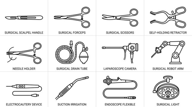 Set of medical surgical instruments and equipment icons in line art style.