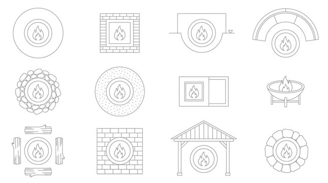 Set of fire pit design icons and architectural top view sketches.