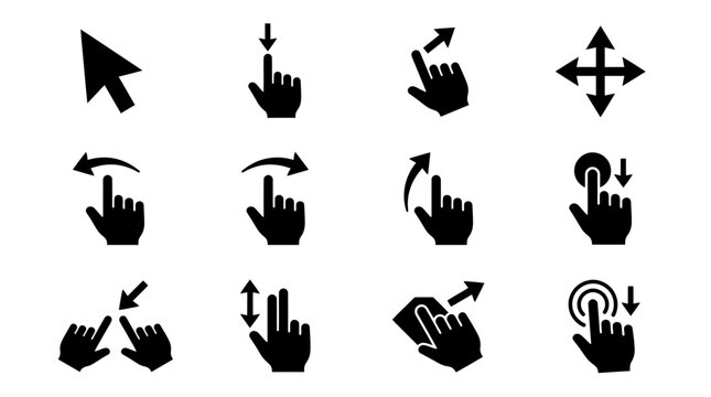 Set of touchscreen gesture icons and cursor pointer.
