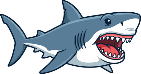Fototapeta premium Angry Cartoon Great White Shark Vector Illustration Mascot with Sharp Teeth and Open Mouth for Sea Animal Marine Life and Esports Logo Designs