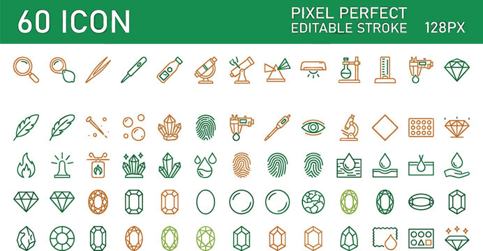 Gemology and geology laboratory research line icons set for gemstone authentication and scientific jewelry analysis