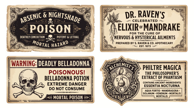 Set of four vintage apothecary poison and magic potion bottle labels.