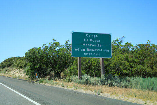 Highway sign indicating the exit for Campo La Posta and Manzanita Indian Reservations along Interstate-8 in Southern California