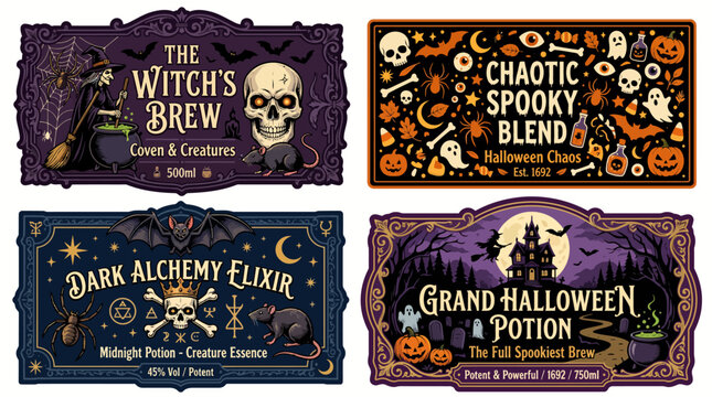 Set of four vintage Halloween potion bottle labels with spooky illustrations.