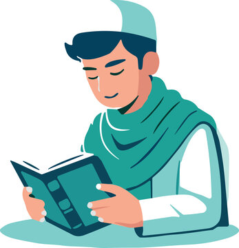 Young muslim man wearing a traditional cap and scarf sitting and reading an open book in a calm and peaceful religious study session
